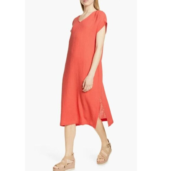 Eileen Fisher Dress Womens Large Orange Short Sleeve V-Neck Midi Cotton Shift - Picture 2 of 5